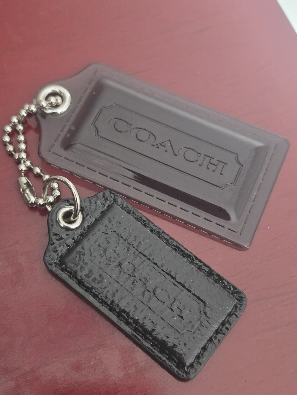 COACH Black Patent and Leather Double Tag Keychain